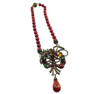 Vintage Enameled Jeweled Floral Pendant Glass on Beaded Chain Necklace (A8775)